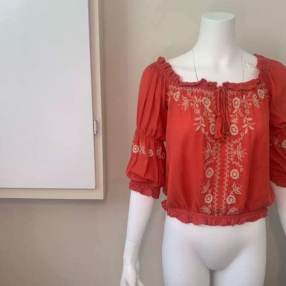Boho Off-the-shoulder grapefruit-orange coloured blouse - long sleeve - Picture 6 of 7